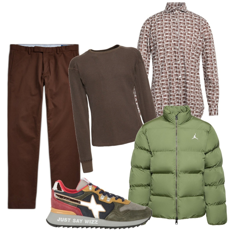 Outfit uomo - Molto colorato. Stile Urban per Tutti i giorni. Abbinamento con camicie, sneakers, pantaloni chino, t-shirt, piumini.