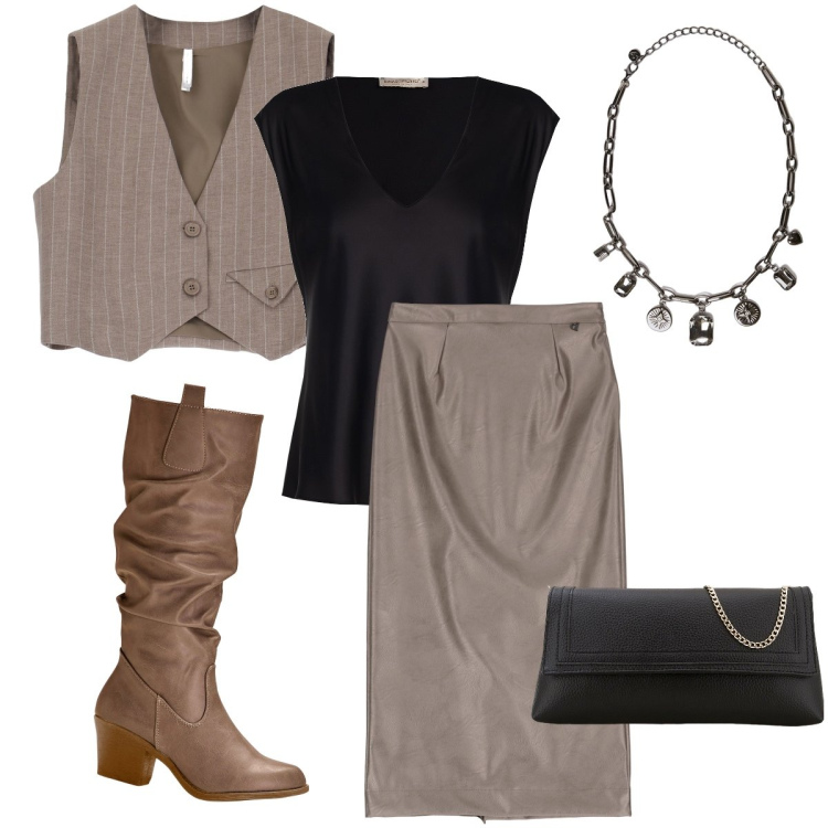 Outfit donna - Trendy con le righe. Stile Trendy per Serata fuori. Abbinamento con stivali, bluse, gilet, gonne longuette, pochette, collane.