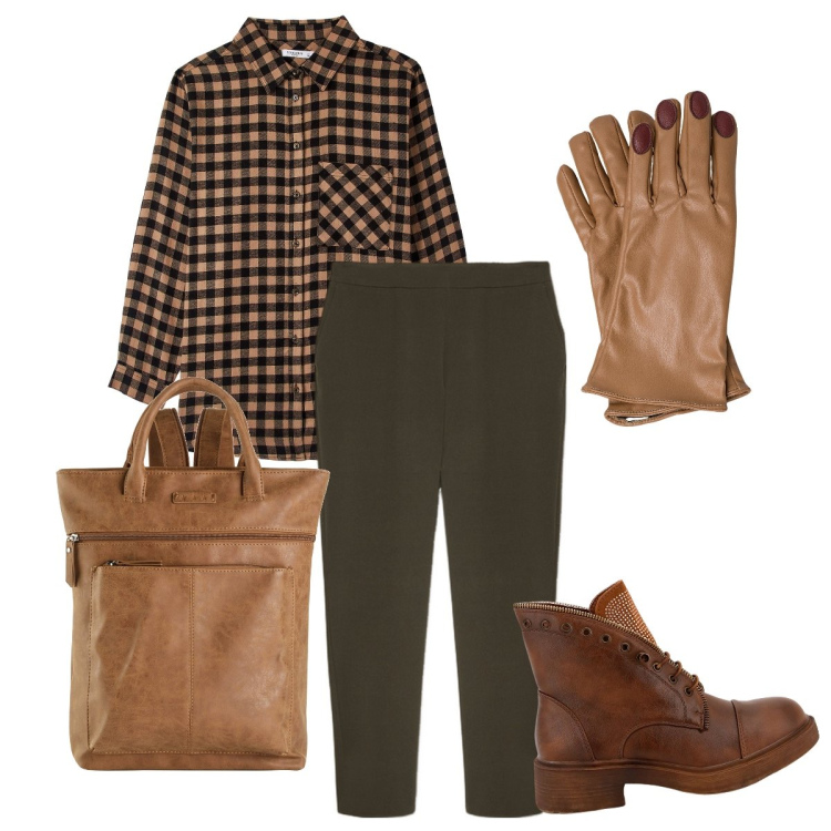 Outfit donna - Una giornata tranquilla. Stile Basic per Tutti i giorni. Abbinamento con zaini, camicie, stivaletti, guanti, pantaloni.
