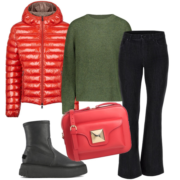 Outfit donna - Il piumino rosso. Stile Casual per Tutti i giorni. Abbinamento con borse a tracolla, jeans skinny, blazer, stivaletti, maglieria.