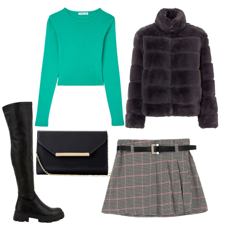Outfit donna - Comfort & chic. Stile Bon Ton per Scuola/Università. look ideale per Petite. Abbinamento con ecopellicce, pochette, t-shirt, stivali, minigonne.