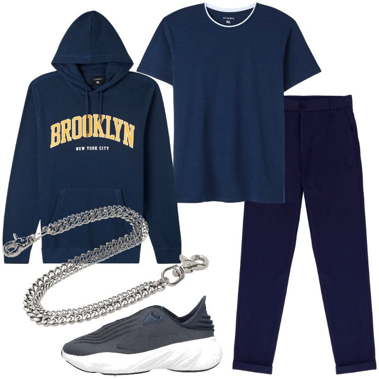Outfit uomo - Blu. Stile Casual per Tutti i giorni. Abbinamento con sneakers, t-shirt, felpe sportive, pantaloni, orologi.