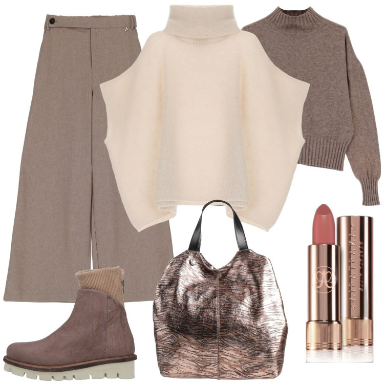 Outfit donna - La calda mantella. Stile Casual chic per Tutti i giorni. Abbinamento con stivaletti, borse a mano, rossetti, pantaloni a palazzo, maglieria, maglieria.