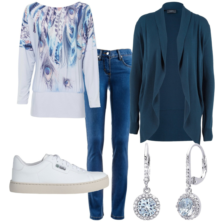Outfit donna - Total look #1815075. Stile Casual per Tutti i giorni. Abbinamento con cardigans, jeans dritti, maglieria, sneakers, orecchini.