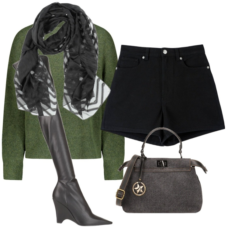 Outfit donna - Total look #1815076. Abbinamento con stivali sopra il ginocchio, sciarpe, shorts, jeans, maglieria.