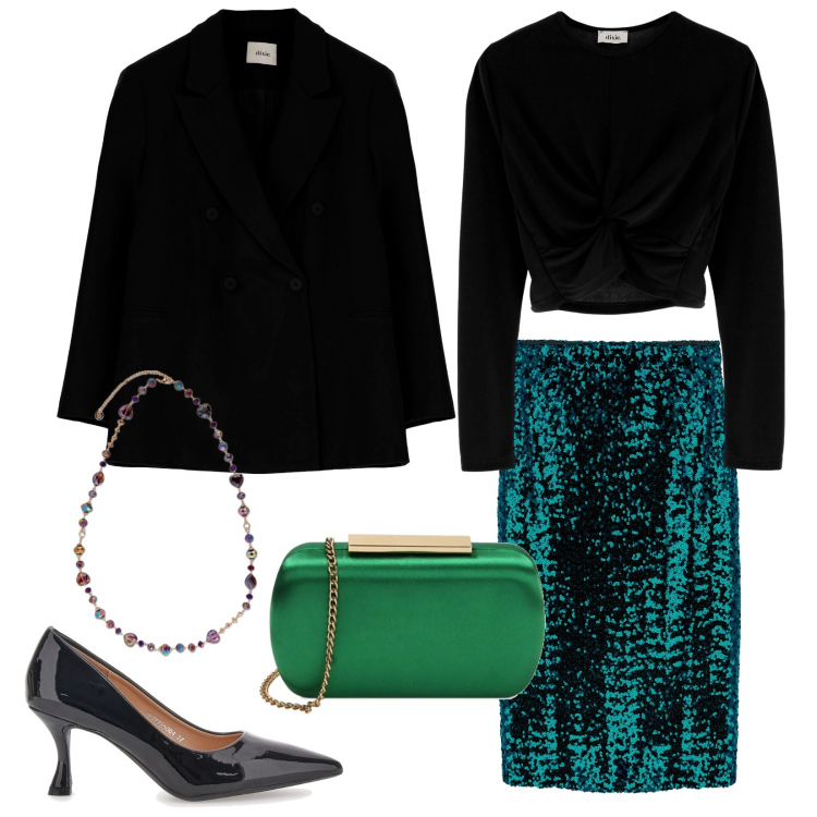 Outfit donna - La gonna in paillettes. Stile Chic per Serata fuori. Abbinamento con clutch, gonne longuette, cappotti, maglieria, décolleté, collane.