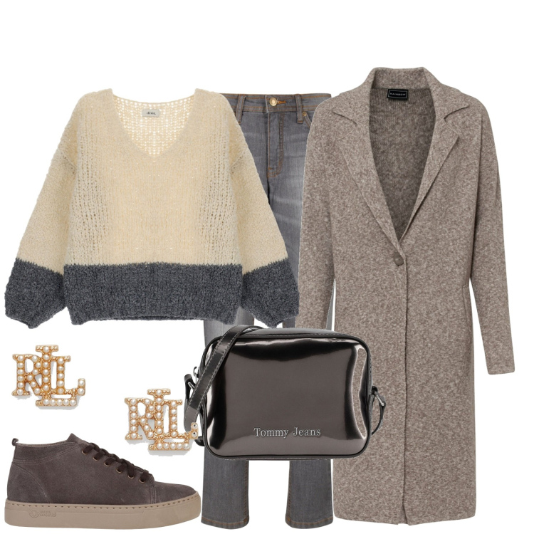 Outfit donna - Total look #1815091. Stile Casual chic per Tutti i giorni. Abbinamento con jeans mom, cappotti, borse a tracolla, sneakers alte, maglieria, orecchini.