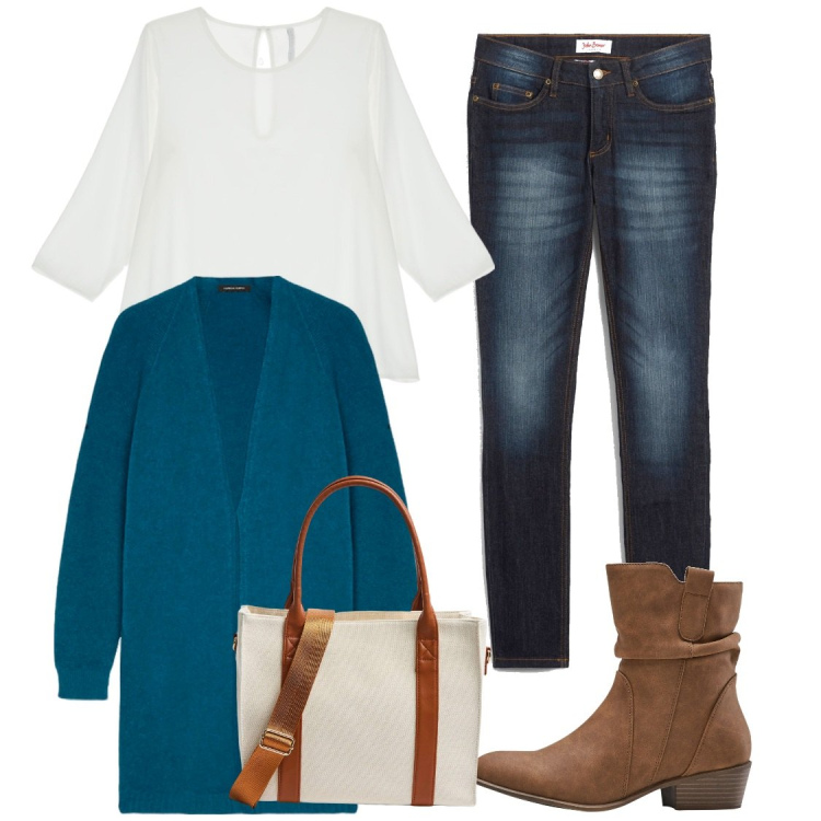 Outfit donna - Fit mama. Stile Casual per Tutti i giorni. Abbinamento con jeans skinny, stivaletti texani, shopping bag, camicie, cardigans.