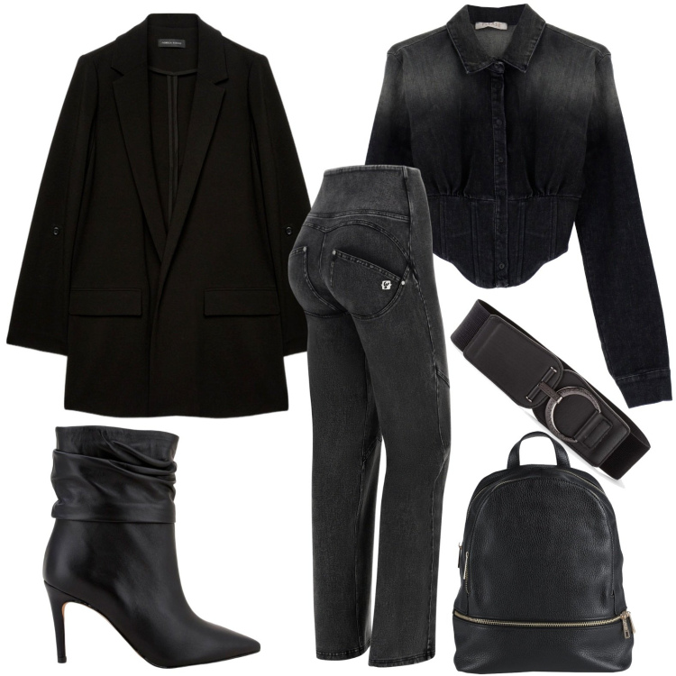 Outfit donna - Casual Friday. Stile Casual chic per Ufficio. Abbinamento con cinture, zaini, camicie, jeans, stivaletti, blazer.