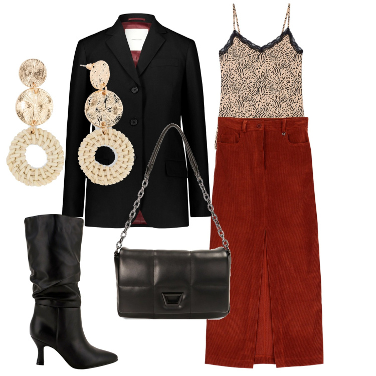 Outfit donna - Inverno sera. Stile Casual chic per Serata fuori. Abbinamento con orecchini, canottiere, stivali, borse a tracolla, gonne lunghe, blazer.