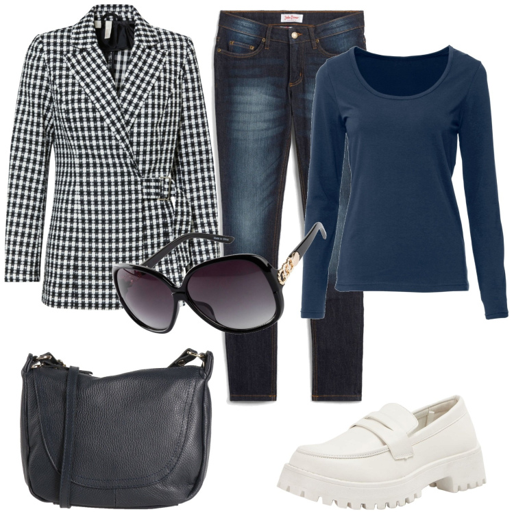 Outfit donna - Anticonformista. Stile Casual chic per Tutti i giorni. Abbinamento con t-shirt sportive, jeans skinny, occhiali da sole, blazer, borse a tracolla, mocassini.
