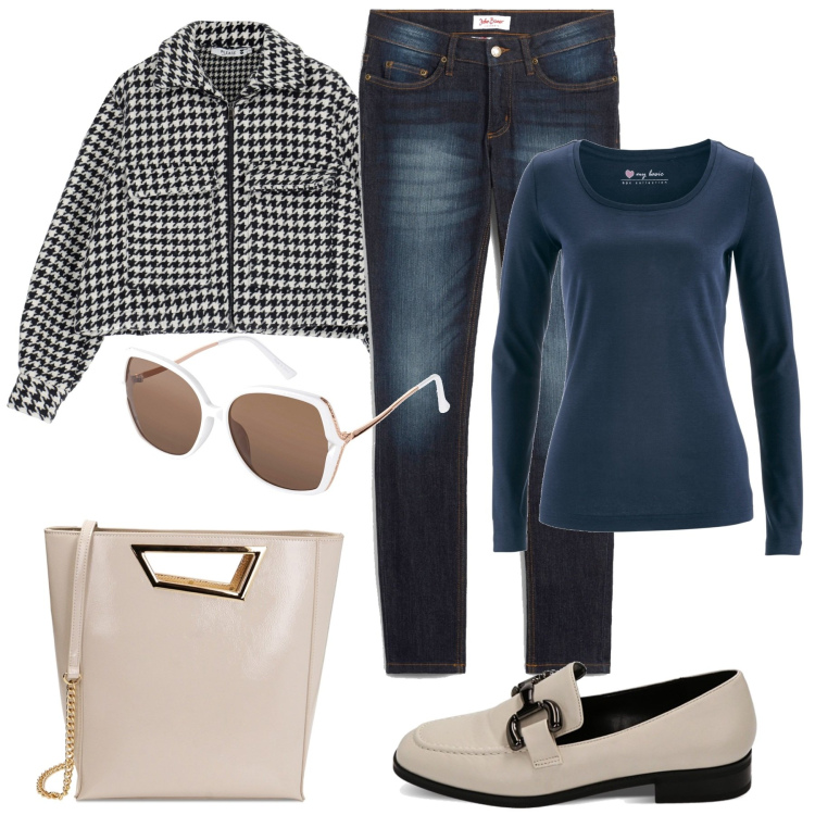 Outfit donna - Un po fuori dagli schemi. Stile Casual chic per Tutti i giorni. Abbinamento con jeans skinny, maglieria, occhiali da sole, blazer, mocassini, borse a mano.