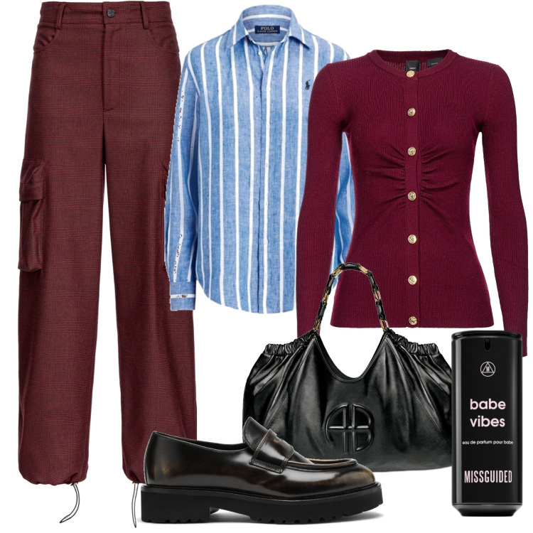 Outfit donna - Cargo per l\'ufficio. Stile Chic per Ufficio. Abbinamento con profumi, cardigans, pantaloni cargo, camicie, mocassini, shopping bag.