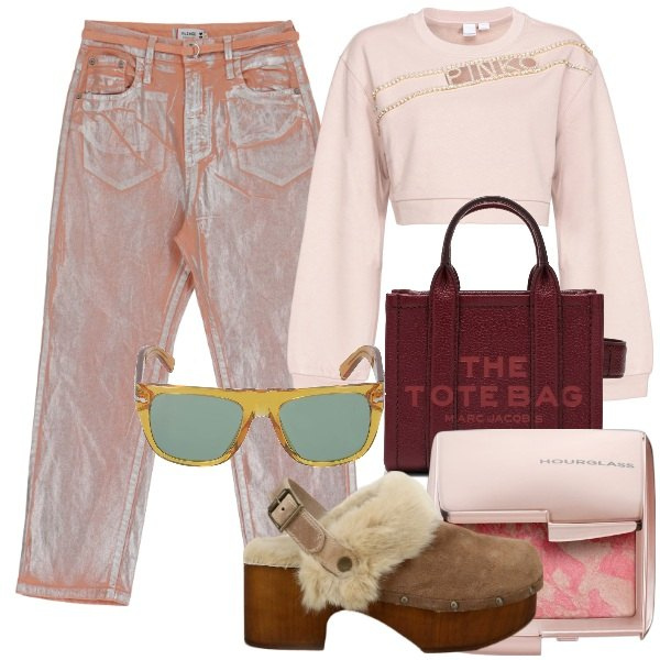 Outfit donna - Total look #1815143. Stile Casual chic per Tutti i giorni. Abbinamento con blush, felpe, pantaloni, sabot, occhiali da sole, borse tote.