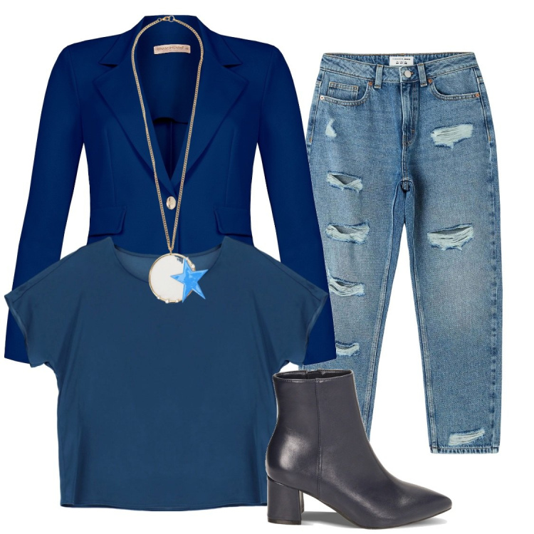 Outfit donna - Blu rock. Stile Rock per Tutti i giorni. Abbinamento con jeans mom, cappotti, maglieria, stivaletti, collane.