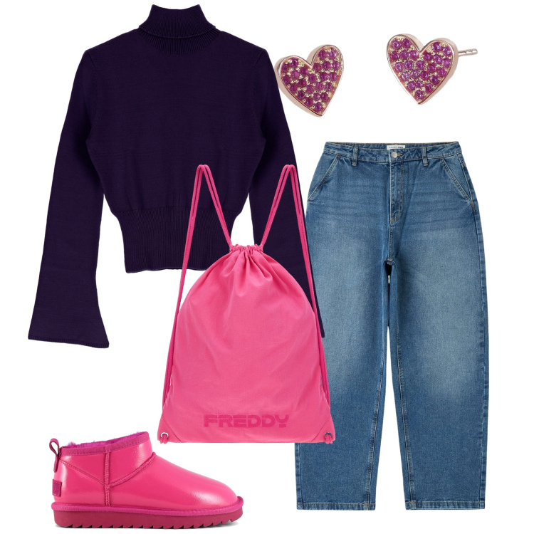 Outfit donna - A lezione. Stile Casual per Scuola/Università. Abbinamento con orecchini, jeans, maglieria, zaini, stivali.