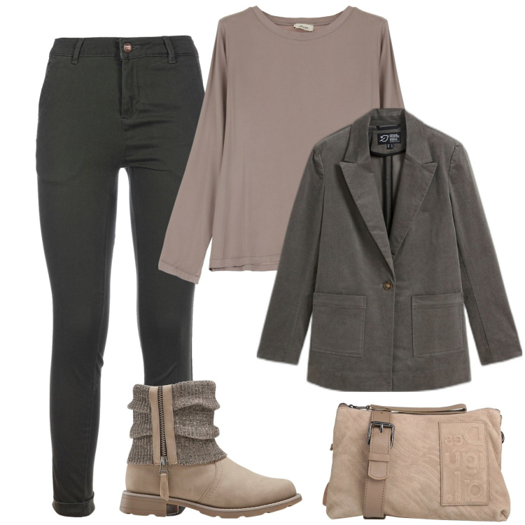 Outfit donna - Verde bosco. Stile Casual chic per Tutti i giorni. Abbinamento con stivaletti, blazer, borse a tracolla, pantaloni, camicie.