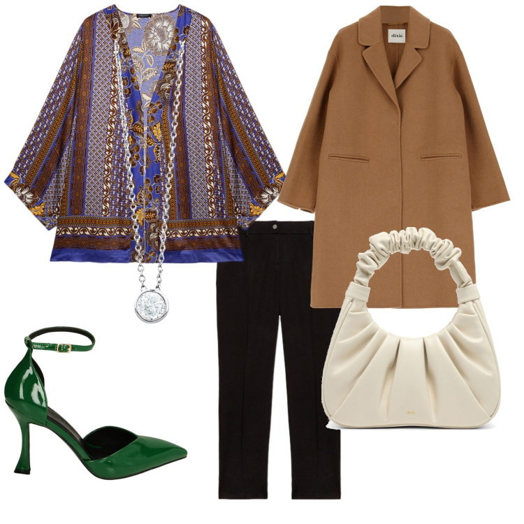 Outfit donna - Total look #1815168. Stile Casual chic per Serata fuori. Abbinamento con collane, décolleté, cappotti, caftani, borse a mano, pantaloni.