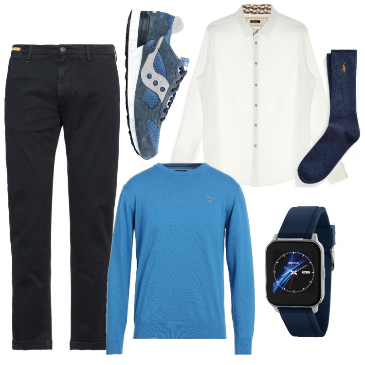 Outfit uomo - Cristian: un blu. Stile Urban per Tutti i giorni. Abbinamento con sneakers, orologi, pullovers, pantaloni, camicie, calzini.