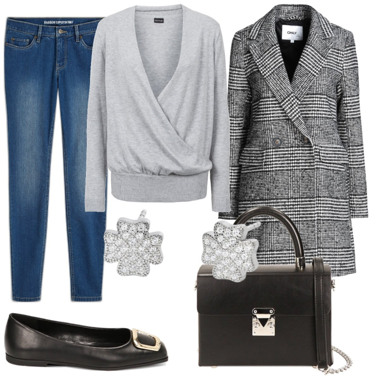 Outfit donna - Ballerine e principe di Galles. Stile Casual chic per Serata fuori. Abbinamento con jeans skinny, maglieria, cappotti, orecchini, ballerine, borse a spalla.