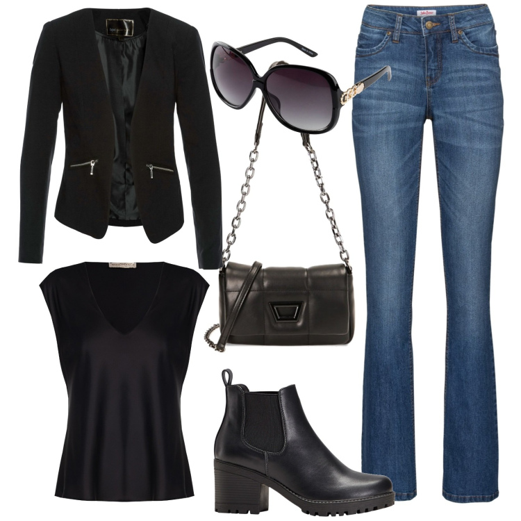 Outfit donna - Stile tutti i giorni. Stile Trendy per Tutti i giorni. Abbinamento con blazer, stivaletti chelsea, jeans bootcut, occhiali da sole, bluse, borse a tracolla.