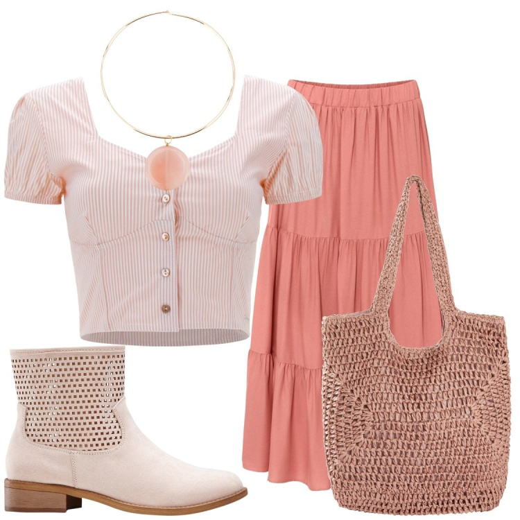 Outfit donna - Rosa bohemien. Stile Boho per Tutti i giorni. Abbinamento con gonne longuette, stivaletti, shopping bag, top, collane.