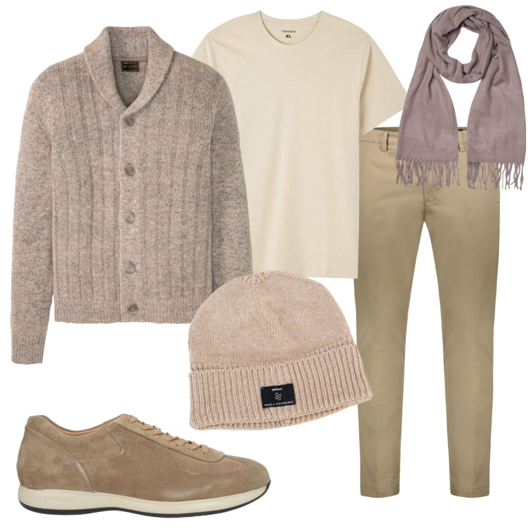 Outfit uomo - Voglia di primavera. Stile Casual per Tutti i giorni. Abbinamento con cardigans, sneakers, t-shirt, berretti, pantaloni chino, sciarpe.