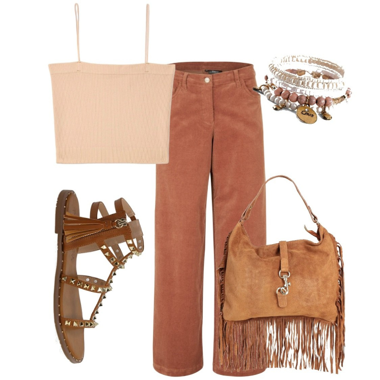 Outfit donna - Marrone etnico. Stile Etnico per Tutti i giorni. Abbinamento con braccialetti, pantaloni, borse a mano, canottiere, sandali.