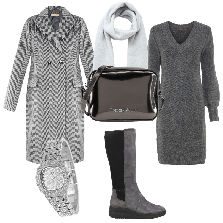 Outfit donna - Ufficio..... Stile Casual per Ufficio. Abbinamento con vestiti, stivali sopra il ginocchio, borse a tracolla, orologi, cappotti, sciarpe.