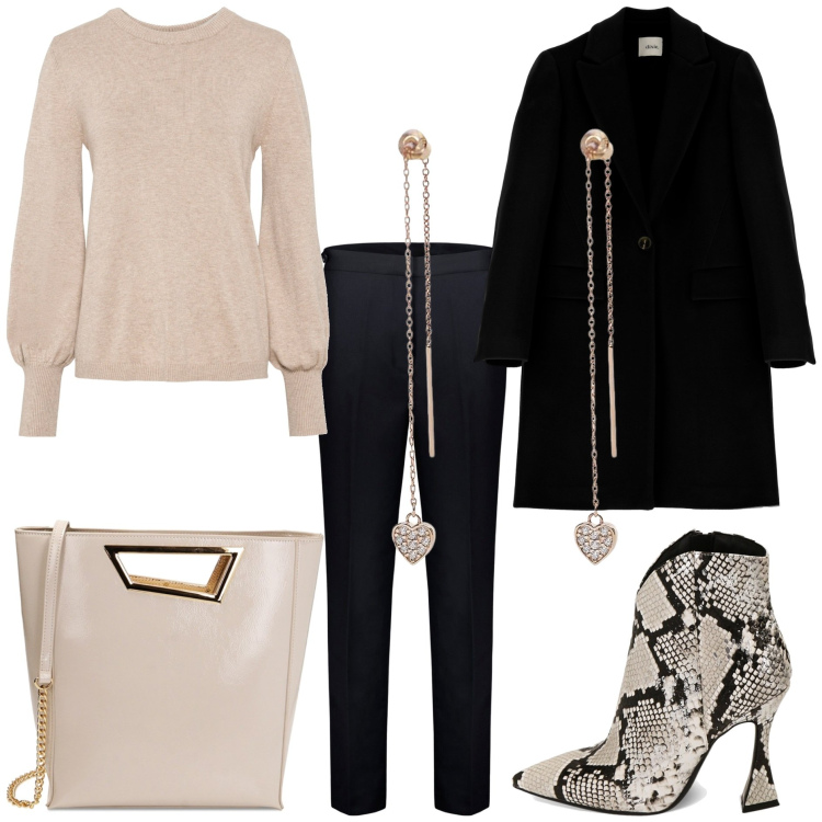 Outfit donna - Morbida low cost. Stile Chic per Ufficio. Abbinamento con maglieria, orecchini, borse a mano, stivaletti, cappotti, pantaloni.