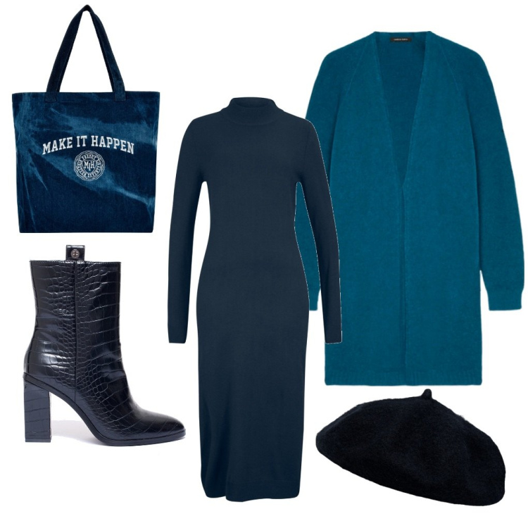 Outfit donna - Elsa: abito lungo. Stile Casual per Ufficio. Abbinamento con vestiti, stivaletti, shopping bag, cappelli e berretti, cardigans.