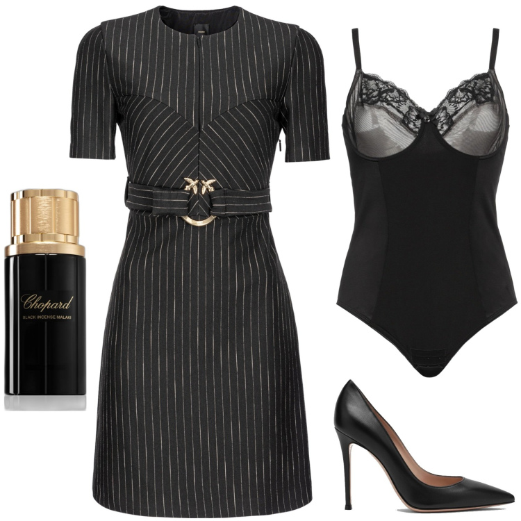 Outfit donna - L\'essenziale. Stile Chic per Serata fuori. Abbinamento con body, profumi, vestiti a tubino, décolleté.