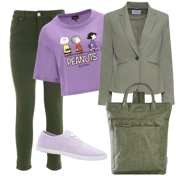 Outfit donna - Ironica. Stile Casual per Scuola/Università. Abbinamento con blazer, zaini, sneakers, jeans skinny, t-shirt.