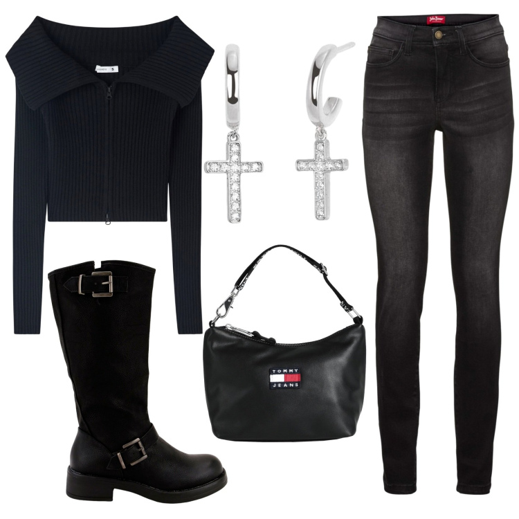 Outfit donna - Total black. Stile Glamour per Tutti i giorni. Abbinamento con jeans slim fit, borse a mano, maglieria, orecchini, stivali.
