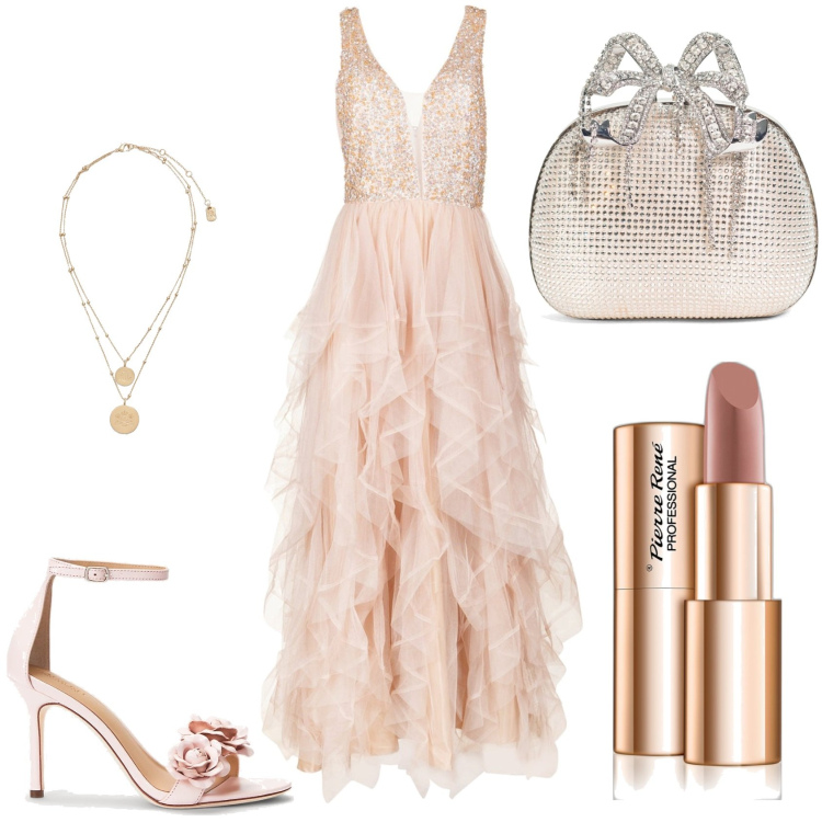 Outfit donna - Mariposa. Stile Chic per Cerimonia. Abbinamento con rossetti, vestiti, ciondoli, sandali in pelle, pochette.