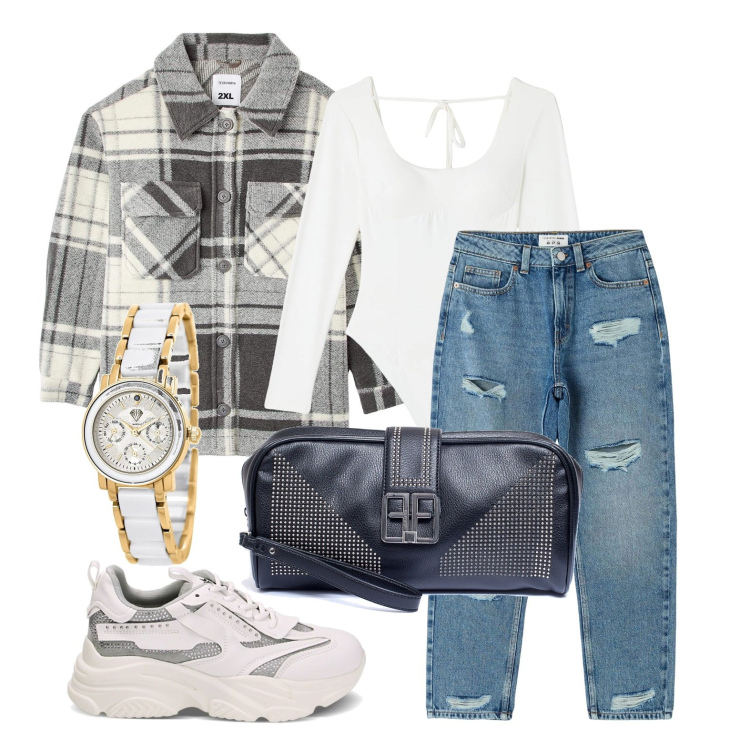 Outfit donna - Ghost outfitter - febbraio. Stile Casual per Tutti i giorni. Abbinamento con orologi, jeans mom, cappotti, body, pochette, sneakers.