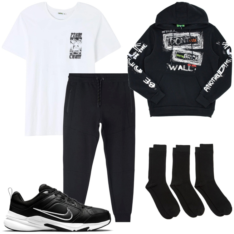 Outfit uomo - Casual. Stile Casual per Tutti i giorni. Abbinamento con t-shirt, calzini, pantaloni, felpe con cappuccio, sneakers.