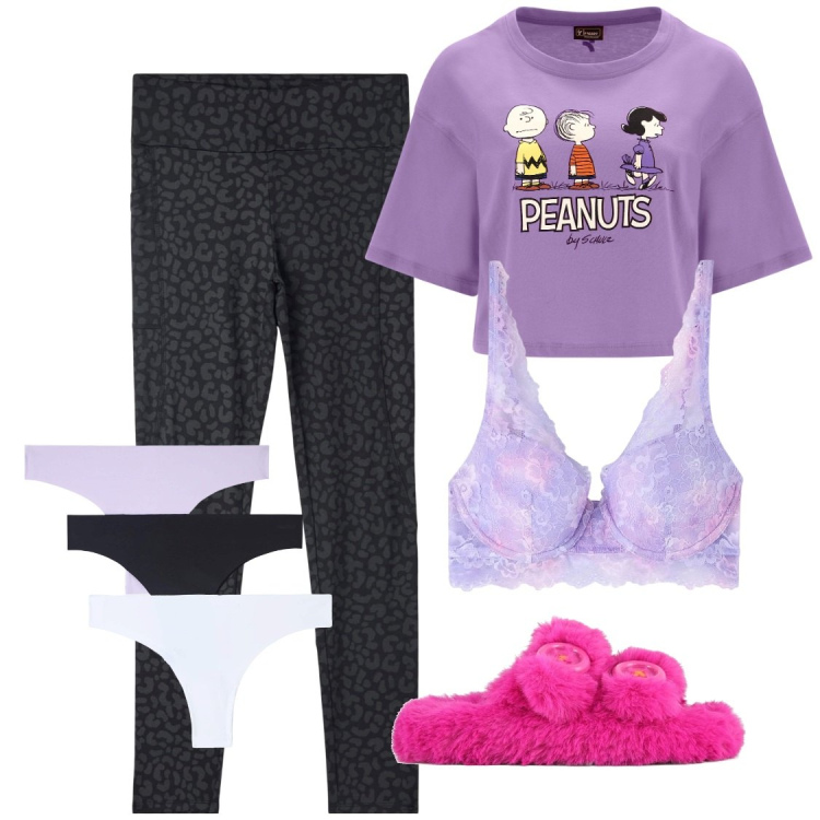 Outfit donna - Home sweet home. Stile Urban per Tutti i giorni. Abbinamento con reggiseni, leggings, culotte, t-shirt, ciabatte.
