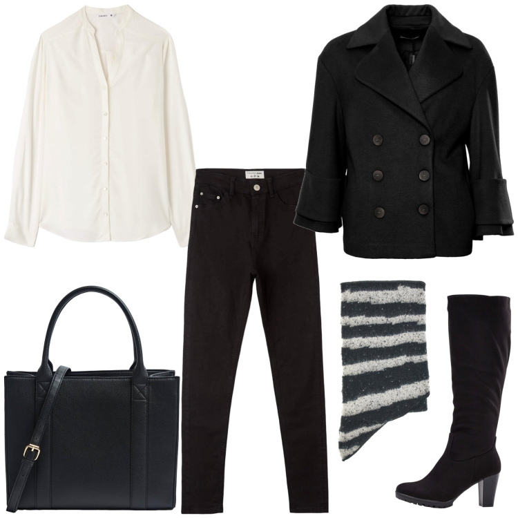 Outfit donna - La maxi sciarpa. Stile Basic per Tutti i giorni. Abbinamento con stivali, jeans skinny, camicie, shopping bag, cappotti, sciarpe.