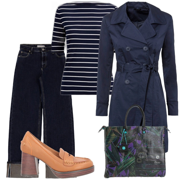 Outfit donna - Blu vintage. Stile Vintage retrò per Ufficio. Abbinamento con trench, mocassini, borse a mano, jeans, maglieria.