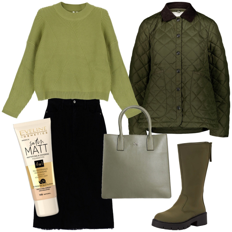 Outfit donna - Verde. Stile Basic per Tutti i giorni. Abbinamento con borse a mano, fondotinta, stivaletti, gonne longuette, pullovers, giacche.