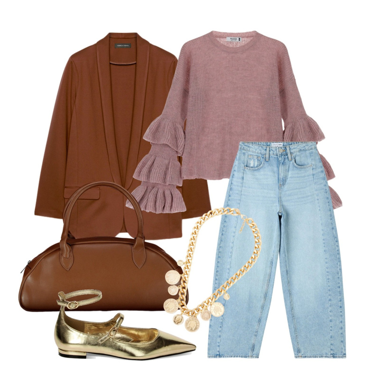 Outfit donna - Ghost outfitter - febbraio. Stile Casual per Tutti i giorni. Abbinamento con jeans, maglieria, ballerine, collane, borse a spalla, blazer.