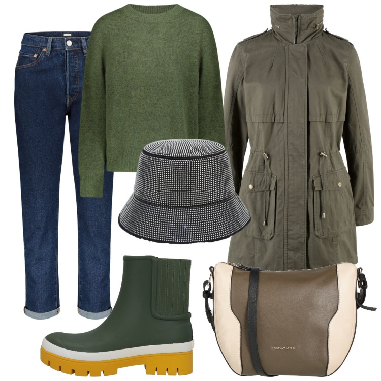 Outfit donna - Piove a Milano. Stile Mannish per Tutti i giorni. Abbinamento con parka, borse a tracolla, stivaletti, cappelli, maglieria, jeans.