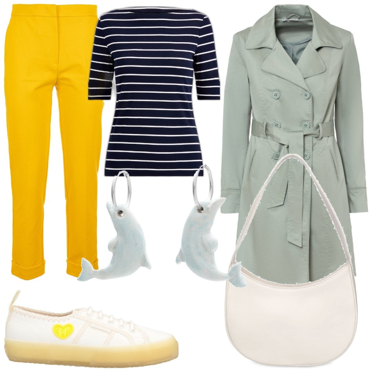 Outfit donna - Assaggio di mare. Stile Bon Ton per Mare. Abbinamento con trench, sneakers, orecchini, pantaloni, maglieria, borse a spalla.