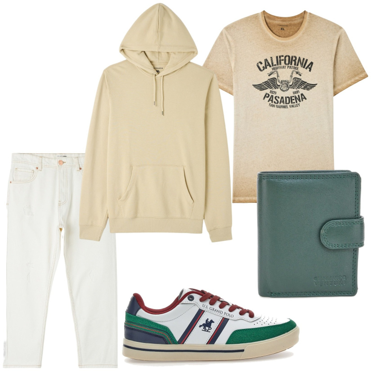 Outfit uomo - Total look #1815353. Stile Casual per Tutti i giorni. Abbinamento con jeans strappati, felpe con cappuccio, t-shirt, sneakers, portafogli.