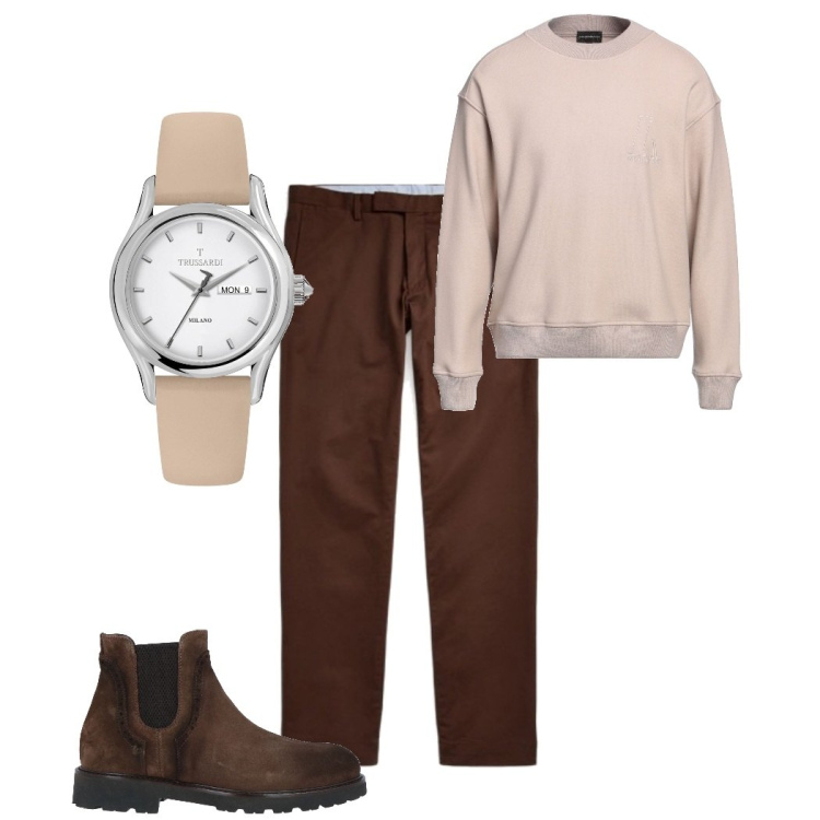 Outfit uomo - Panna e caffè. Stile Casual per Tutti i giorni. Abbinamento con orologi, stivali e stivaletti, pullovers, pantaloni chino.