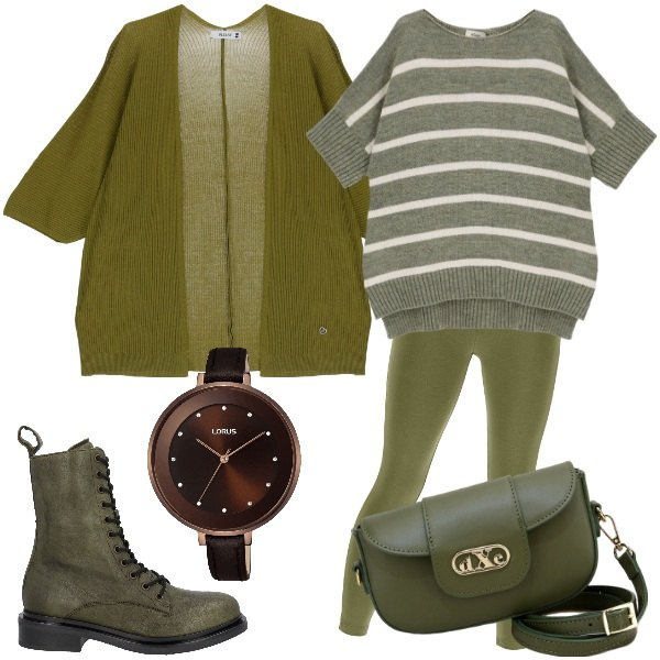 Outfit donna - Nontagne verdi. Stile Basic per Tutti i giorni. Abbinamento con stivaletti, orologi, cardigans, pantaloni skinny, pochette, pullovers.