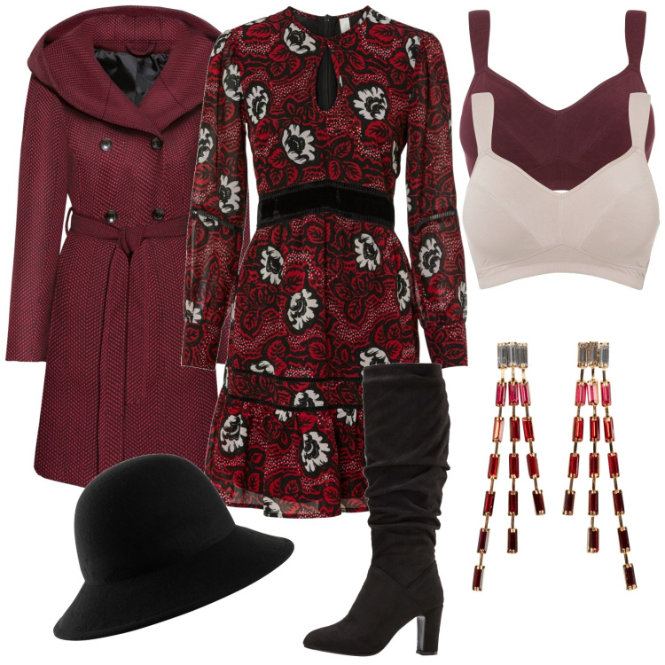Outfit donna - Serata romantica. Stile Romantica per Serata fuori. Abbinamento con cappotti, orecchini, vestiti, reggiseni, stivali sopra il ginocchio, cappelli.