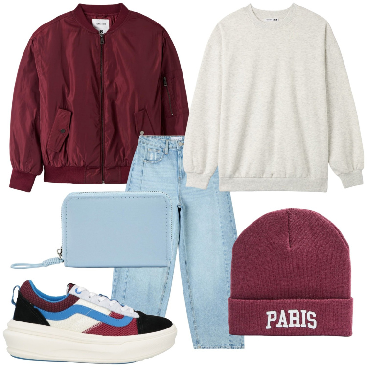 Outfit donna - Teen. Stile Casual per Scuola/Università. Abbinamento con sneakers, jeans, bomber, portafogli, felpe, berretti.