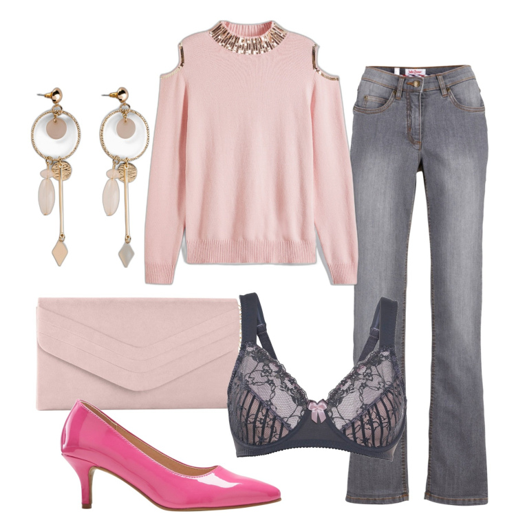 Outfit donna - My New Lingerie. Stile Casual chic per Serata fuori. Abbinamento con jeans dritti, pochette, orecchini, maglieria, décolleté, reggiseni.
